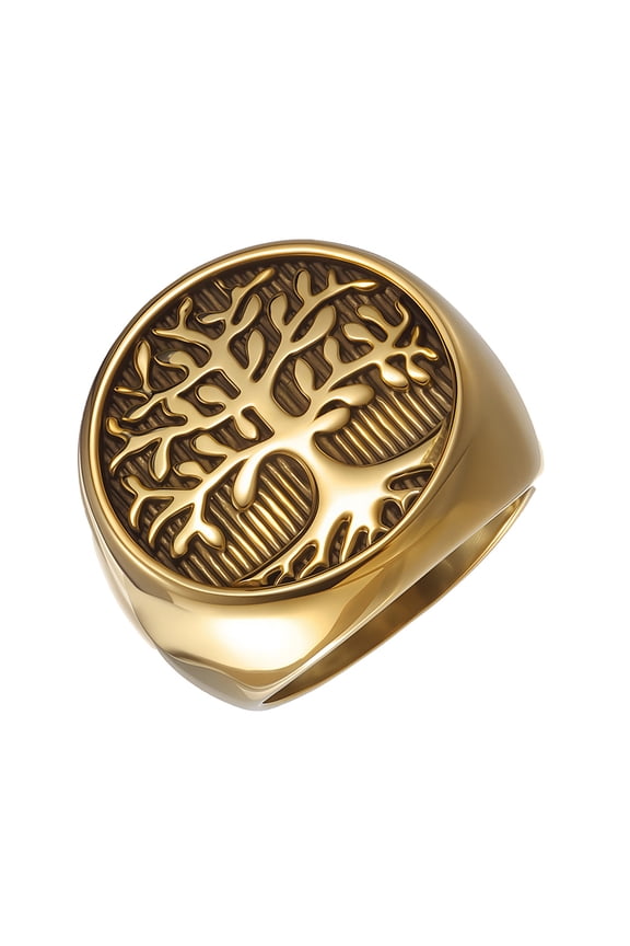 Tree of Life Signet Rings for Men 21mm Round Stainless Steel Engraved Symbol Wide Band Vintage Gothic Personalized Gift Jewelry Gold 9