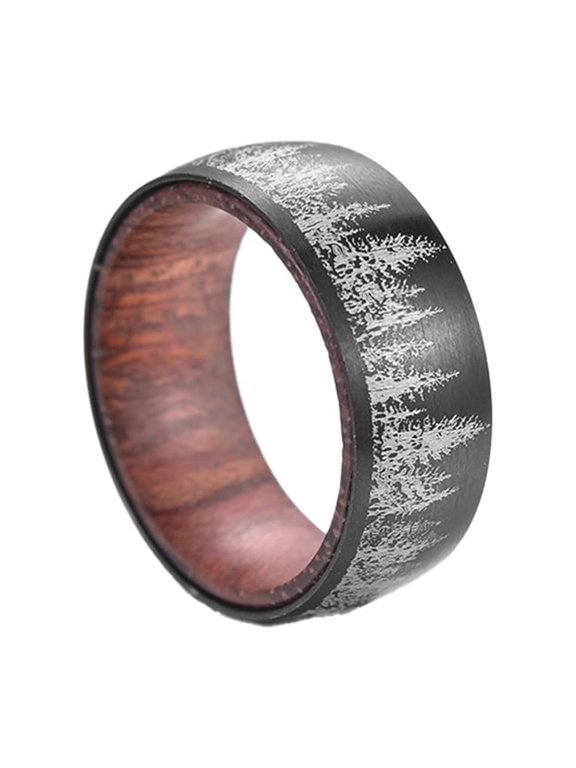 Wood Inlay Band Rings for Men Women Stainless Steel Couple Matching Silver Plated Forest Tree Dainty Simple Unique Personalized Gift Jewelry 8MM 13