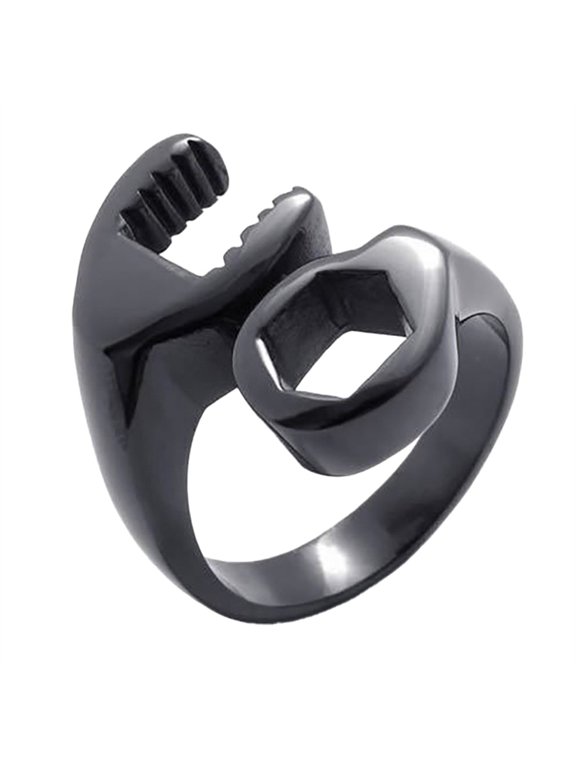 Wrench Tool Shape Rings for Men Band Stainless Steel Vintage Biker Gothic Punk Industrial Tool Unique Statement Personalized Gift Jewelry Black 13