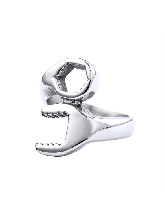 Wrench Tool Shape Rings for Men Band Stainless Steel Vintage Biker Gothic Punk Industrial Tool Unique Statement Personalized Gift Jewelry Silver Plated 11
