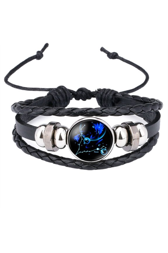 Zodiac Sign Bracelet for Women Men Luminous 12 Constellation Stainless Steel Bead Multi-Layer Braided Adjustable Couple Matching Personalized Gift Jewelry Black Pisces