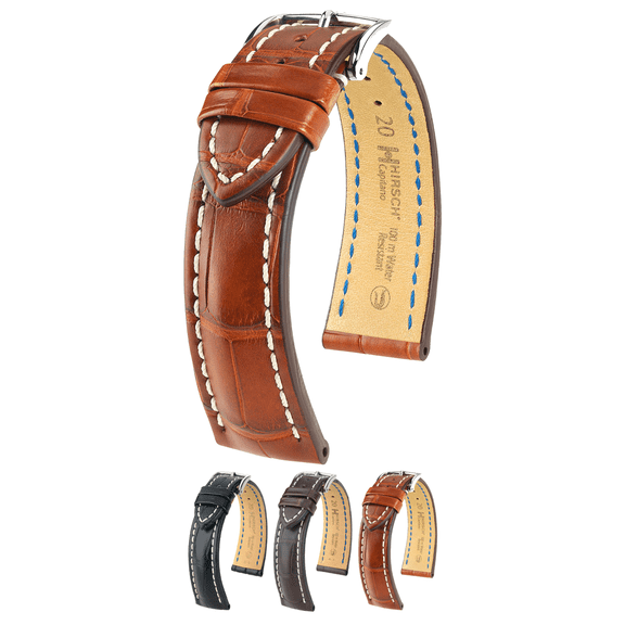 HIRSCH Capitano Alligator Leather Watch Strap - Golden Brown Band, Silver-Colored Buckle - 20mm - Open Ended