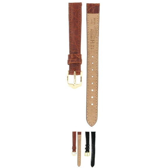 HIRSCH Certified Croco Leather Watch Strap - Brown Band, Gold-Colored Buckle - 12mm - Close End