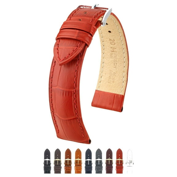 HIRSCH Duke Alligator Grain Calf Leather Watch Strap - Red Band / Silver Buckle - L - 18mm