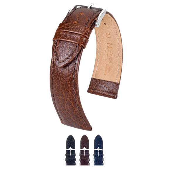 HIRSCH Highland Italian Calf Leather Watch Strap - Brown Band / Silver Buckle - L - 28mm