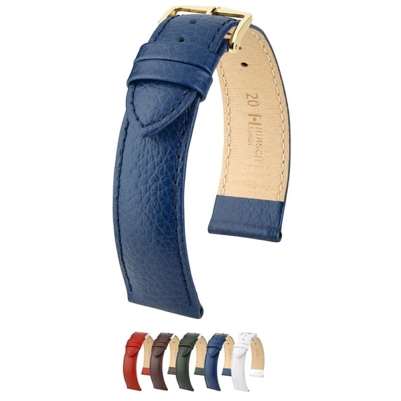 HIRSCH Kansas Buffalo Grain Leather Watch Strap - Blue Band / Gold Buckle - M - 12mm