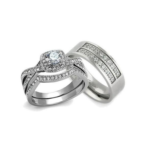 HIS & HER 3PC SILVER STAINLESS STEEL & TITANIUM WEDDING ENGAGEMENT RING Band SET Size Women's 06 Men's 11