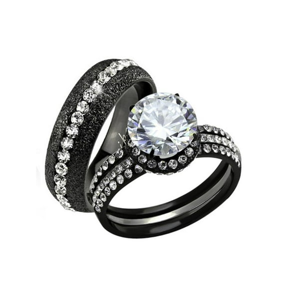 HIS & HERS 3PC BLACK ION PLATED STAINLESS STEEL WEDDING ENGAGEMENT RING Band SET Size Women's 08 Men's 05