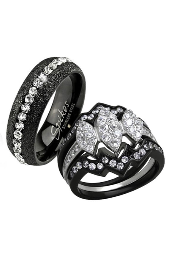 HIS HERS 4 PC BLACK ION PLATED STAINLESS STEEL WEDDING ENGAGEMENT RING Band SET Size Women's 06 Men's 07
