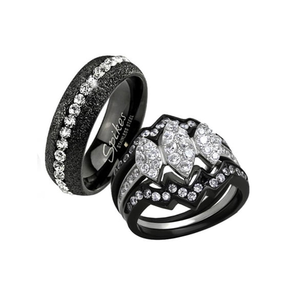 HIS HERS 4 PC BLACK ION PLATED STAINLESS STEEL WEDDING ENGAGEMENT RING Band SET Size Women's 07 Men's 07