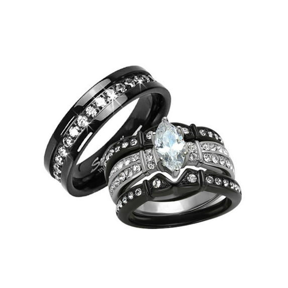 HIS HERS 4 PC BLACK STAINLESS STEEL & TITANIUM WEDDING ENGAGEMENT RING Band SET Size Women's 09 Men's 13