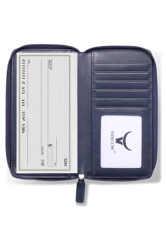Zippered Checkbook Cover & Card Holder with Divider - Italian Calfskin (Dark Blue) A101