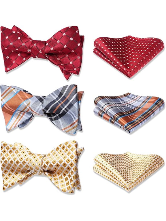 3PCS Bow Ties for Men Vintage Red Checkered Bow Ties Pocket Square Set for Formal Prom Wedding
