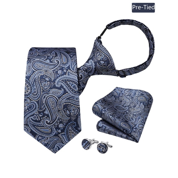 HISDERN Navy Paisley Pre-Tied Ties, Adjustable Formal Business Necktie Polyester Wedding Men Adult 3pc