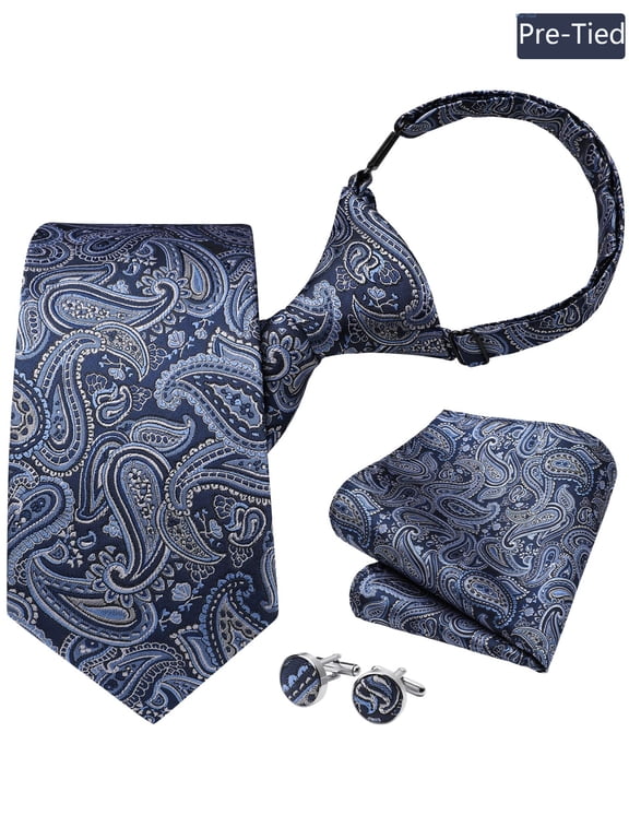 Navy Paisley Pre-Tied Ties, Adjustable Formal Business Necktie Polyester Wedding Men Adult 3pc