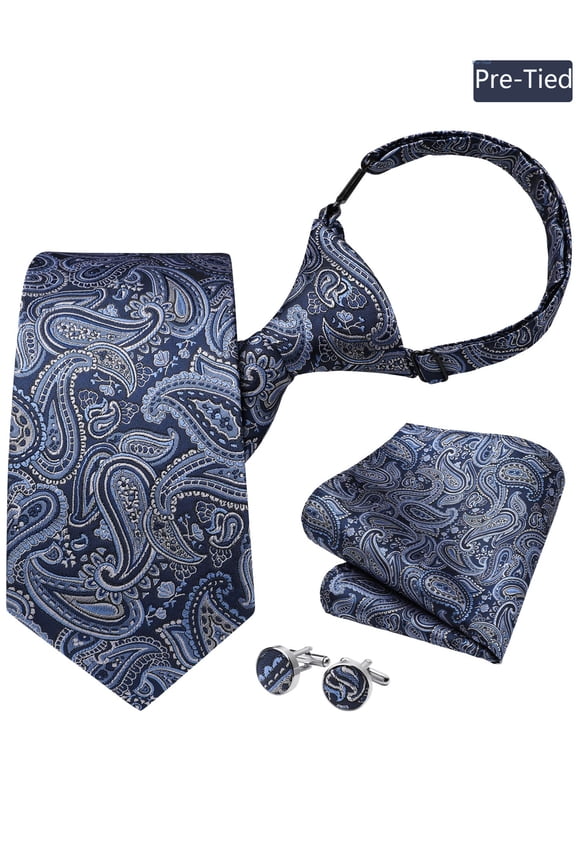 Navy Paisley Pre-Tied Ties, Adjustable Formal Business Necktie Polyester Wedding Men Adult 3pc