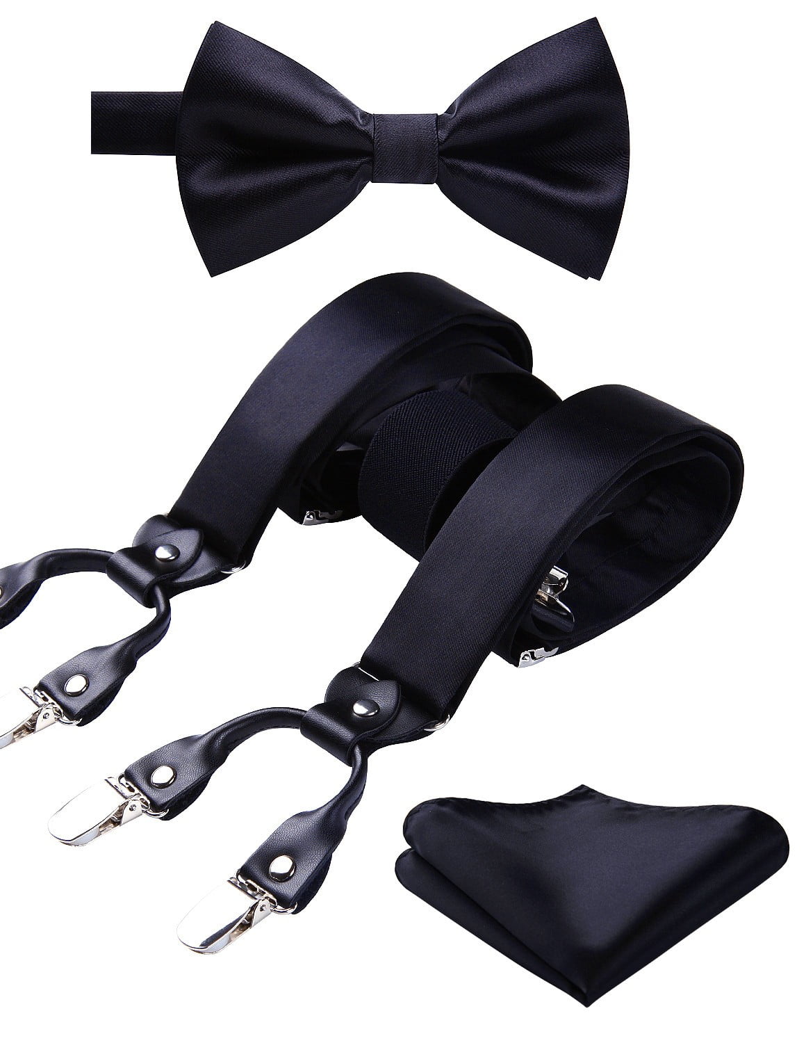 Black Suspender Set, Formal Necktie and Satin Fabric Suspenders in Solid  Black