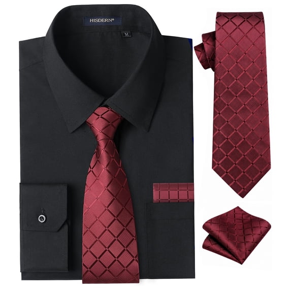 HISDERN Black Dress Shirt for Men Long Sleeve with Matching Tie and Handkerchief Set Button Down