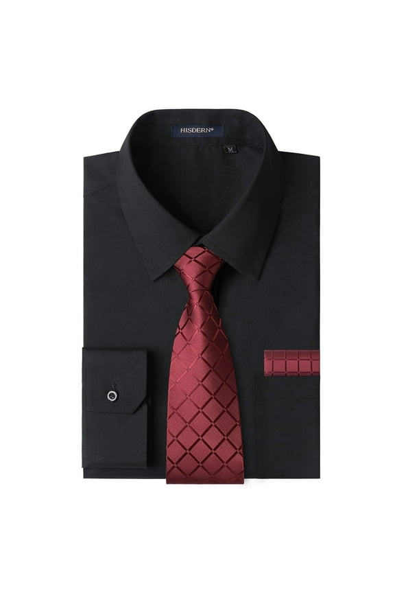 Black Dress Shirt for Men Long Sleeve with Matching Tie and Handkerchief Set Button Down