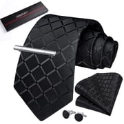 HISDERN Black Ties for Men Formal Woven Plaid Pocket Square Cufflinks Tie Clip Necktie Set Business