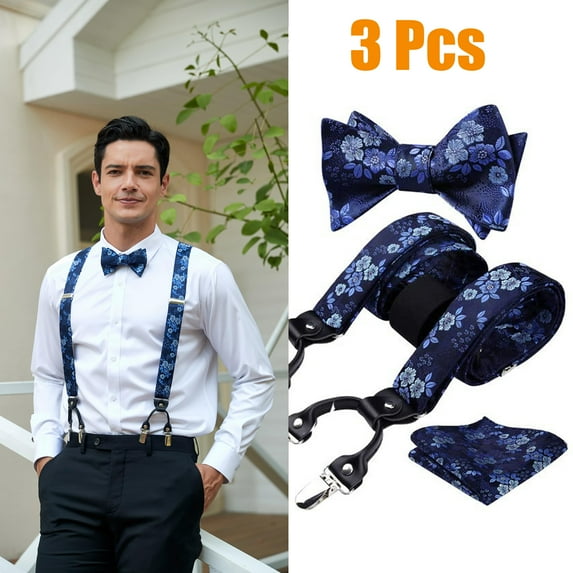 HISDERN Mens Suspenders and Bow Tie Adjustable 6 Clips Y-Back Suspender & Classic Blue BowTie Set