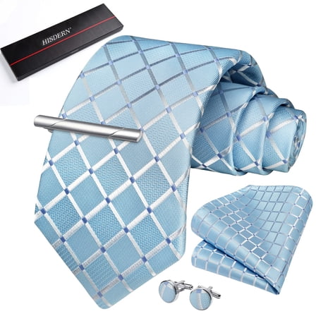 HISDERN Blue Mens Ties Sets Classic Woven Plaid Formal Necktie and Pocket Square Cufflinks Tie Clip