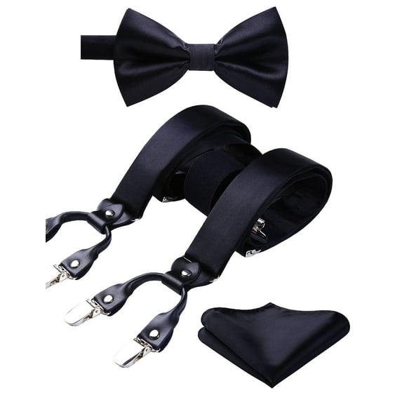 HISDERN Bow Tie and Suspenders for Men Black Suspender and Bowtie Handkerchief Set Adjustable 6Clips