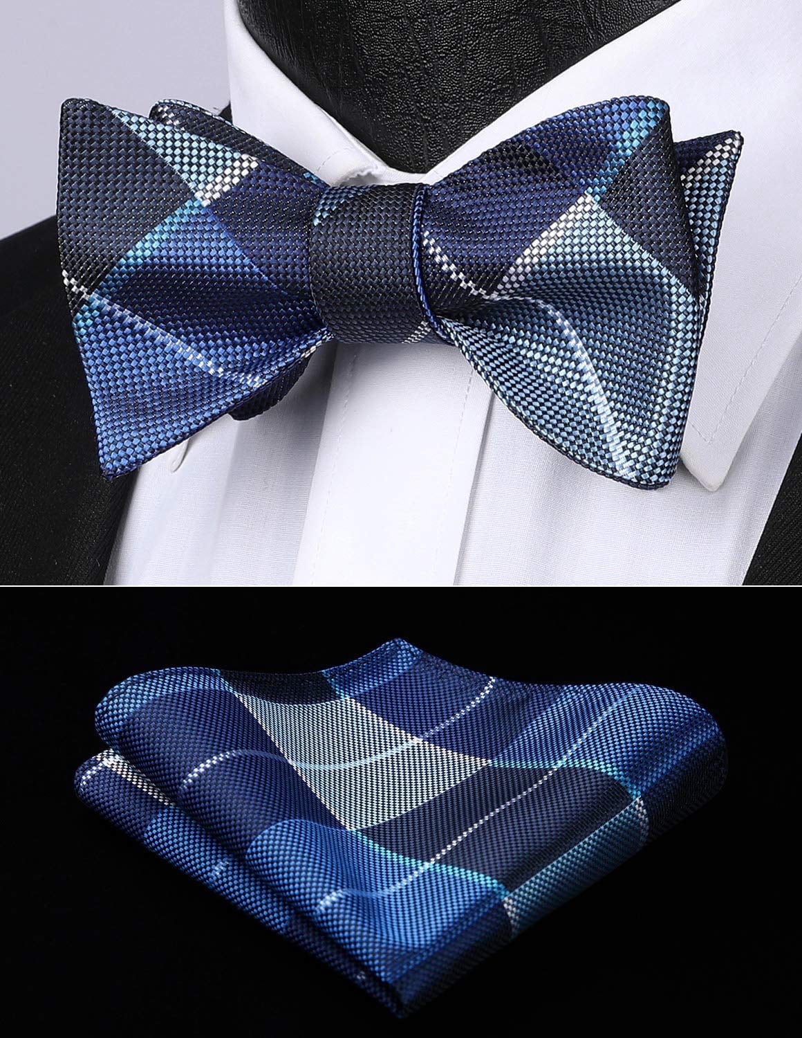 Men's Pre-Tied Bow Tie & Pocket Square Set - Plaid Check Wedding Formal Accessory 5 thumbnail image