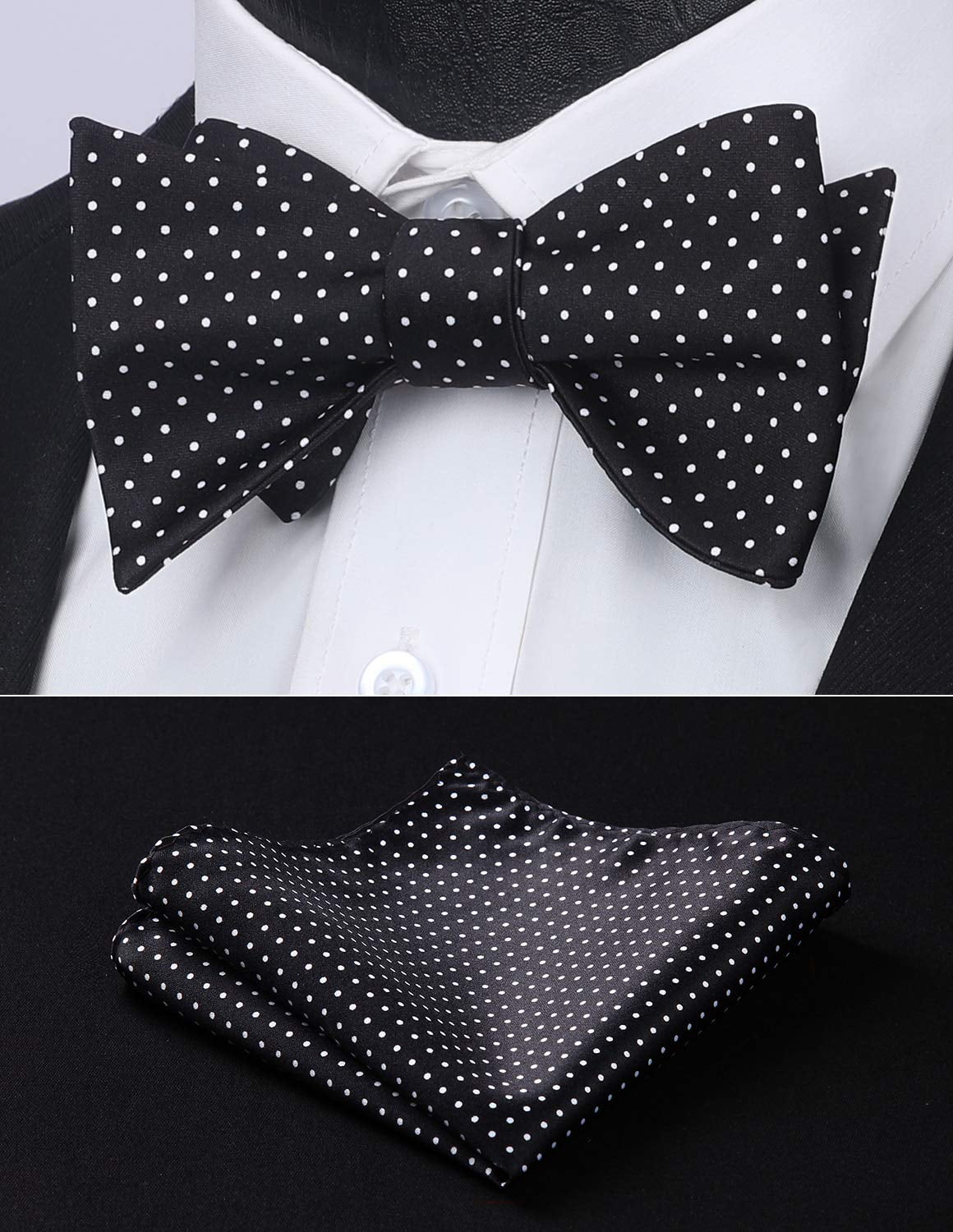 HISDERN Bow Ties for Men Polka Dot Self Tie Bowtie Pocket Square