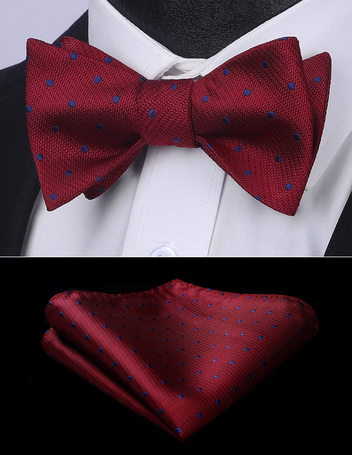HISDERN Bow Ties for Men Polka Dot Self Tie Bowtie Pocket Square