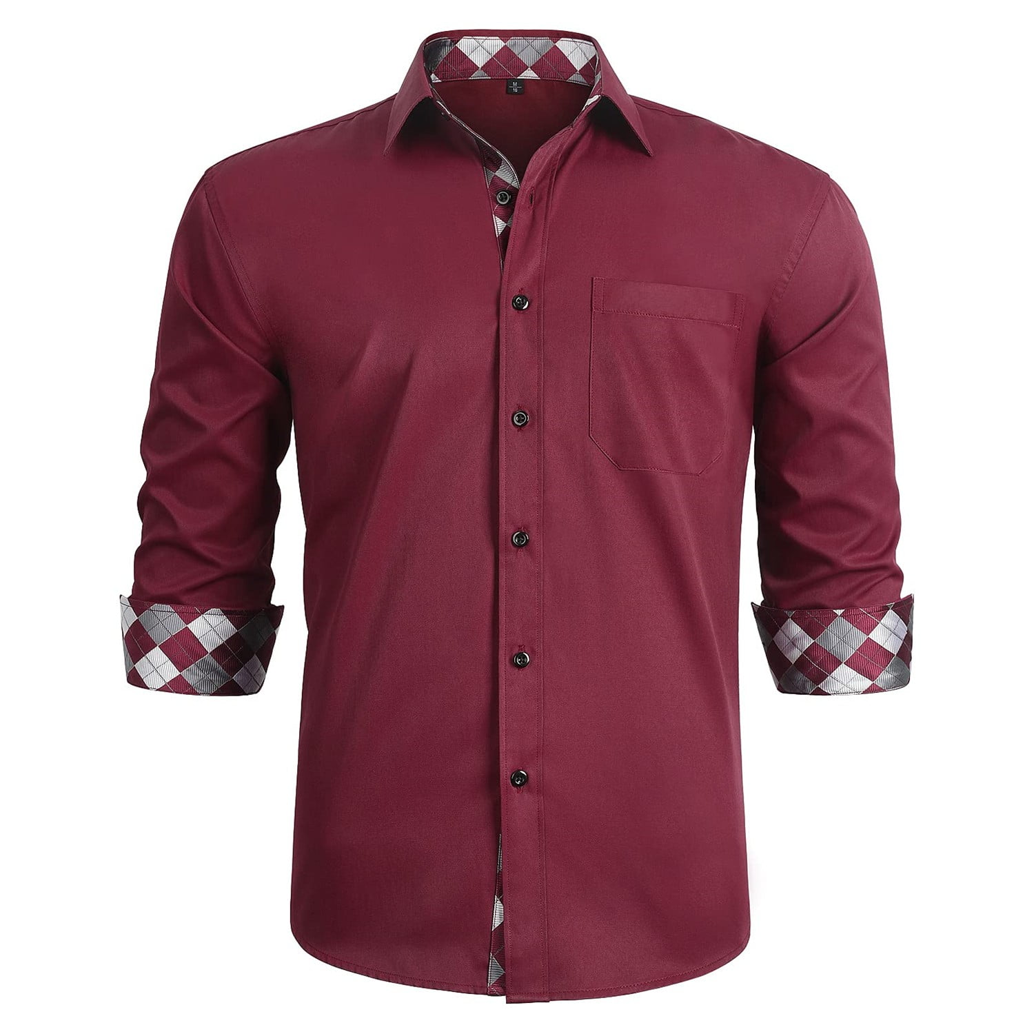 Hisdern Men's Burgundy White Paisley Paisley Splicing Dress Shirt For Office Wear M
