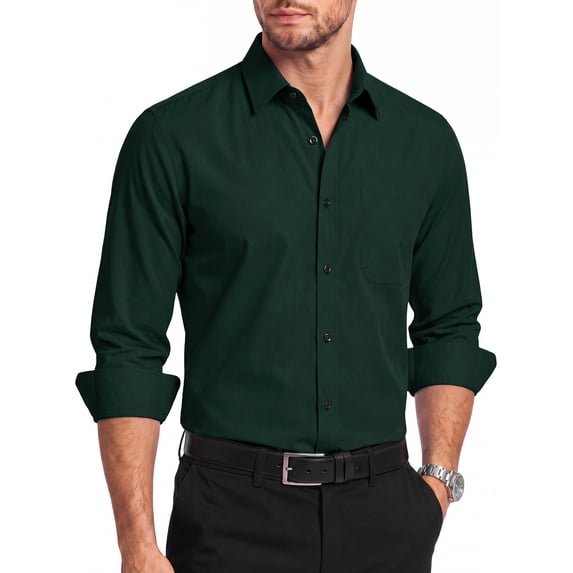 HISDERN Button Down Shirts for Mens Casual Forest Green Dress Shirts Regular Fit Long Sleeve Shirt