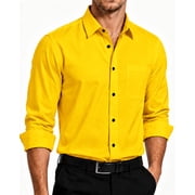 HISDERN Mens Cotton Dress Shirts Yellow Casual Long Sleeve Regular Fit Button up Shirt for Wedding