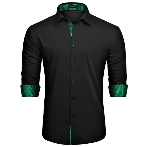 HISDERN Dress Shirts for Men Casual Button Down Dress Shirt Long Sleeve Formal Shirt Black Green