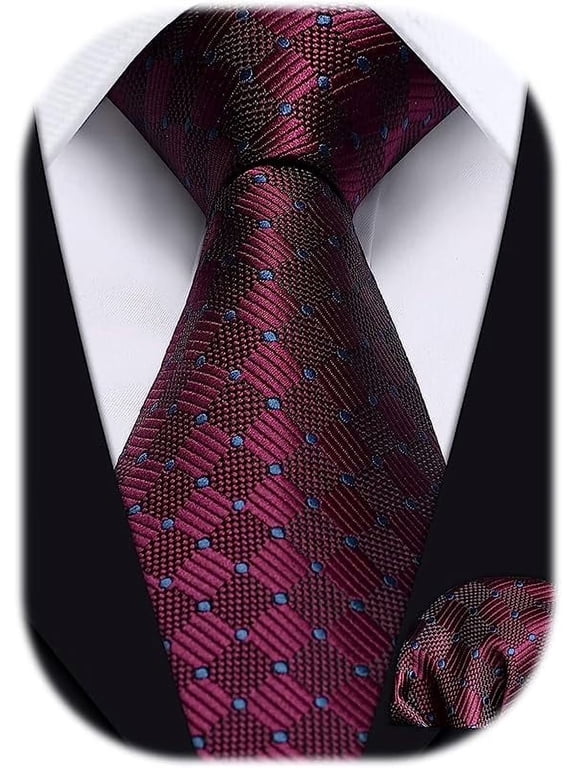 Extra Long Ties for Men Burgundy Plaid Checkered Tie Handkerchief Silk Men's Neckties Sets