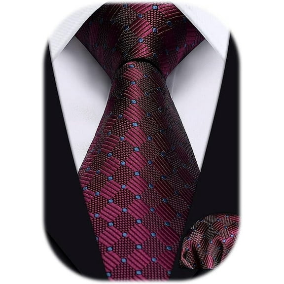 HISDERN Extra Long Ties for Men Burgundy Plaid Checkered Tie Handkerchief Silk Men's Neckties Sets