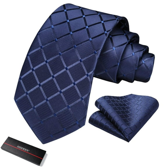 HISDERN Extra Long Ties for Men Navy Blue Plaid Checkered Tie Handkerchief Silk Men's Neckties Sets