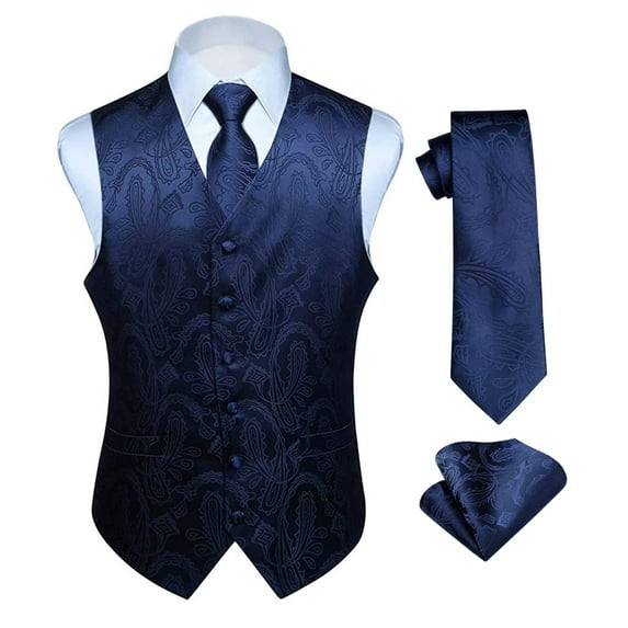HISDERN Formal Mens Vest Paisley Jacquard Silk Ties Suit Waistcoat Set Wedding 3PCS Navy Blue XL