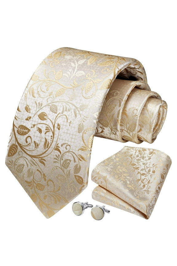 Gold Paisley Mens Tie Handkerchief Floral Necktie & Pocket Square Set Wedding Classic Tie