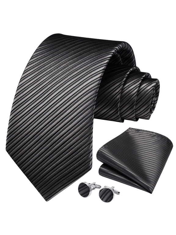 Gray Stripe Ties for Men Handkerchief Cufflinks Set Classic Woven Necktie Business Wedding