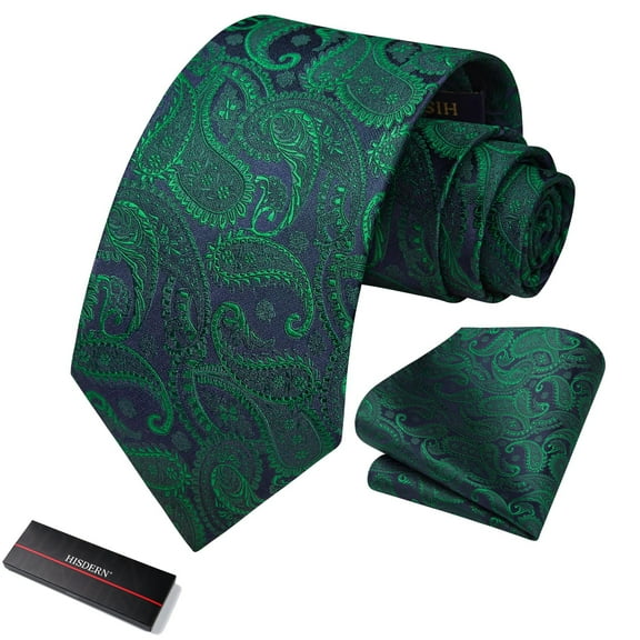 HISDERN Green Paisley Ties for Men Classic Extra Long Floral Tie and Pocket Square Silk Necktie Set