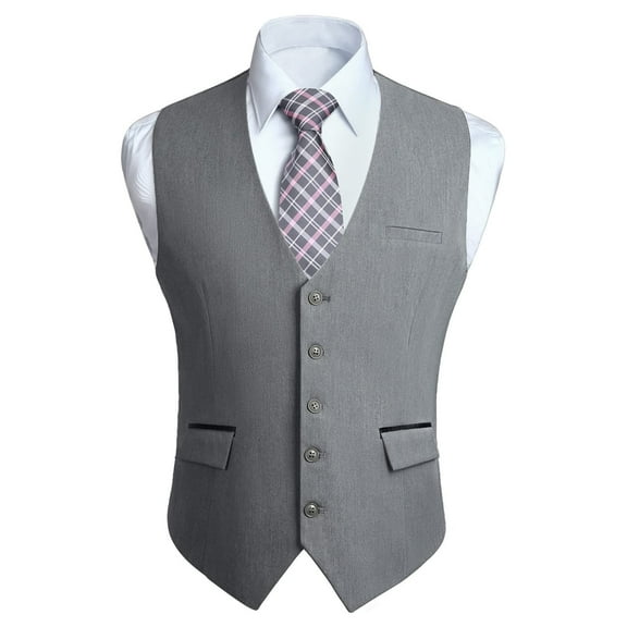 HISDERN Grey Suit Vests for Men Slim Fit Formal Dress Vest V-Neck Solid Waistcoat Business Weddings