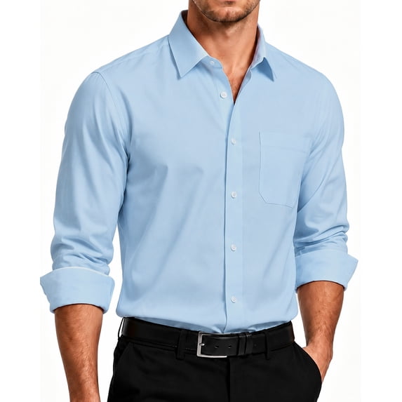 HISDERN Long Sleeve Mens Dress Shirts Classic Button Down Shirt Solid Color Regular Fit Wedding Blue
