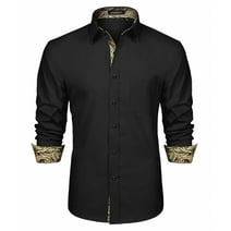 HISDERN Men Dress Shirts Long Sleeve Formal Shirt Casual Button Down Shirt Business Shirt Black Glod
