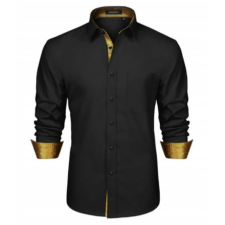 HISDERN Men Dress Shirts Long Sleeve Formal Shirt Casual Button Down Shirt Contrast Shirt Black Glod