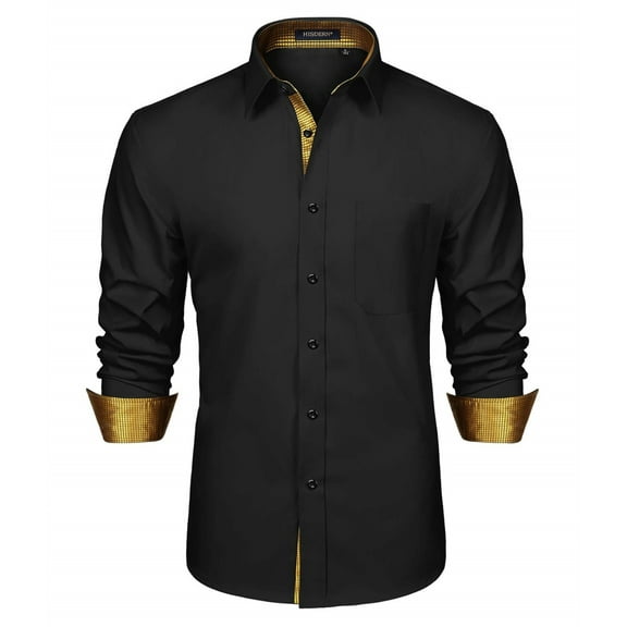 HISDERN Men Dress Shirts Long Sleeve Formal Shirt Casual Button Down Shirt Contrast Shirt Black Glod