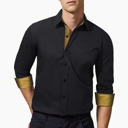 Button Up Shirt Men Black Gold Graphic Contrast Party Long Sleeve Fashion  Dress