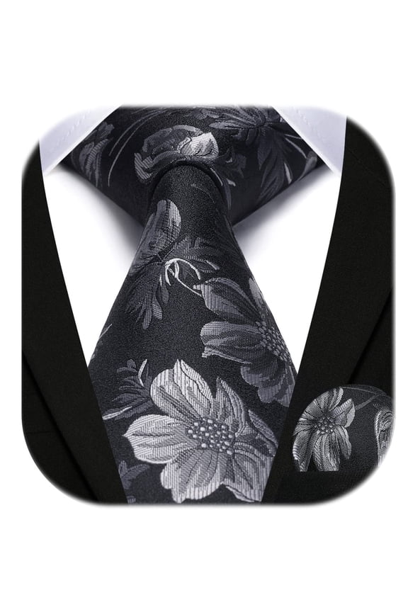 Men Floral Ties Woven Classic 3.4" Necktie Set Formal tie Pocket Square for Wedding with Handkerchief Gift Box