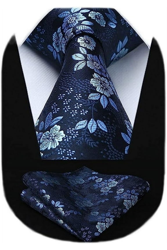 Men Floral Ties Woven Classic 3.4" Necktie Set Formal tie Pocket Square for Wedding with Handkerchief Gift Box