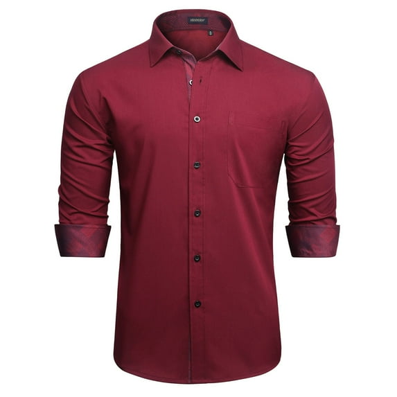 HISDERN Men Long Sleeve Dress Shirt Casual Button Down Shirt Formal Wedding Slim Fit Shirt Burgundy